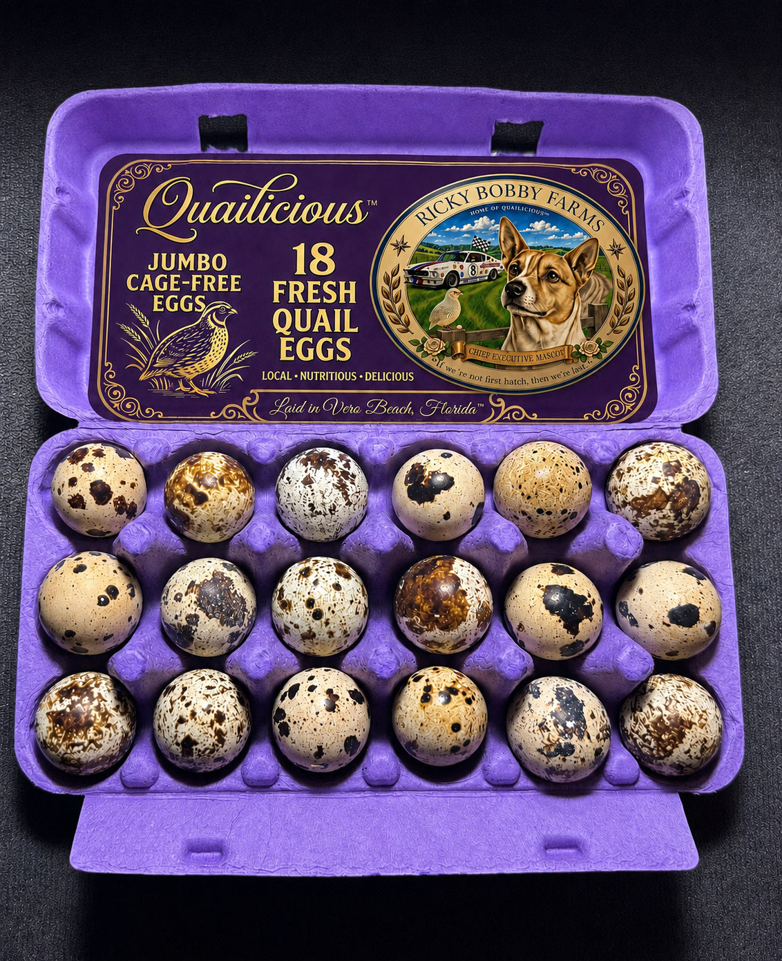 Open purple Ricky Bobby Farms carton with inside-lid Quailicious Jumbo label and eighteen fresh cage-free quail eggs