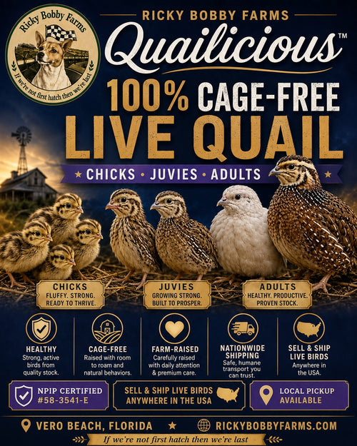 Quailicious live Coturnix quail chicks and adults Royalty label