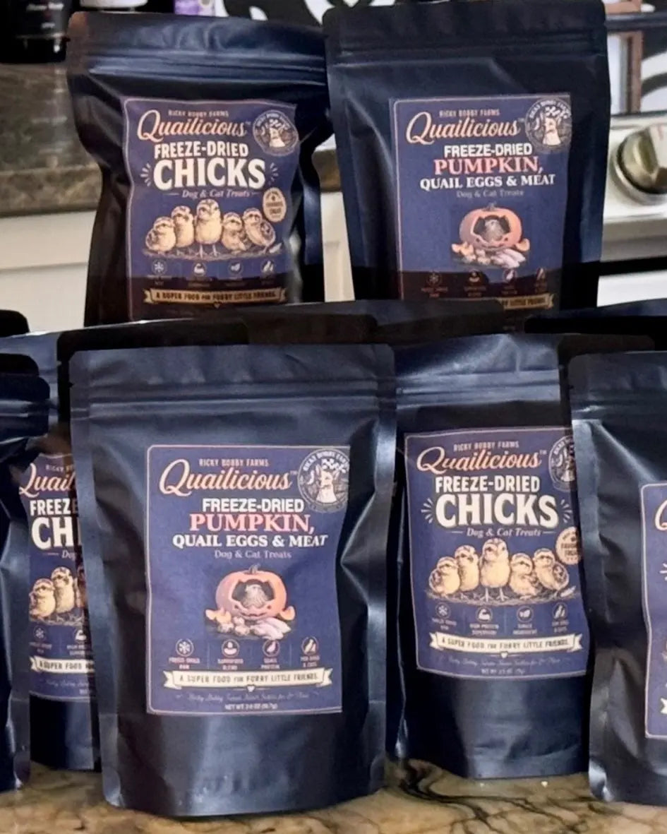 Real Quailicious freeze-dried chicks and pumpkin, quail eggs and meat dog and cat treats photographed by Ricky Bobby Farms