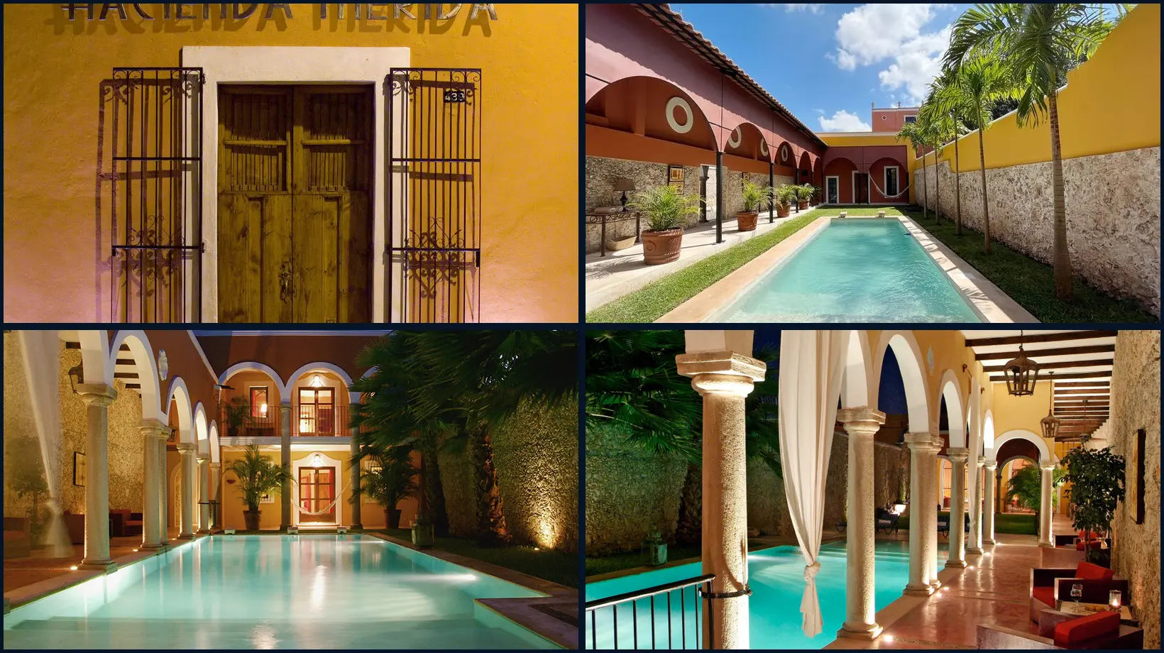 Real photographs of Hotel Hacienda Mérida showing its historic yellow façade, courtyard pools and colonial arches