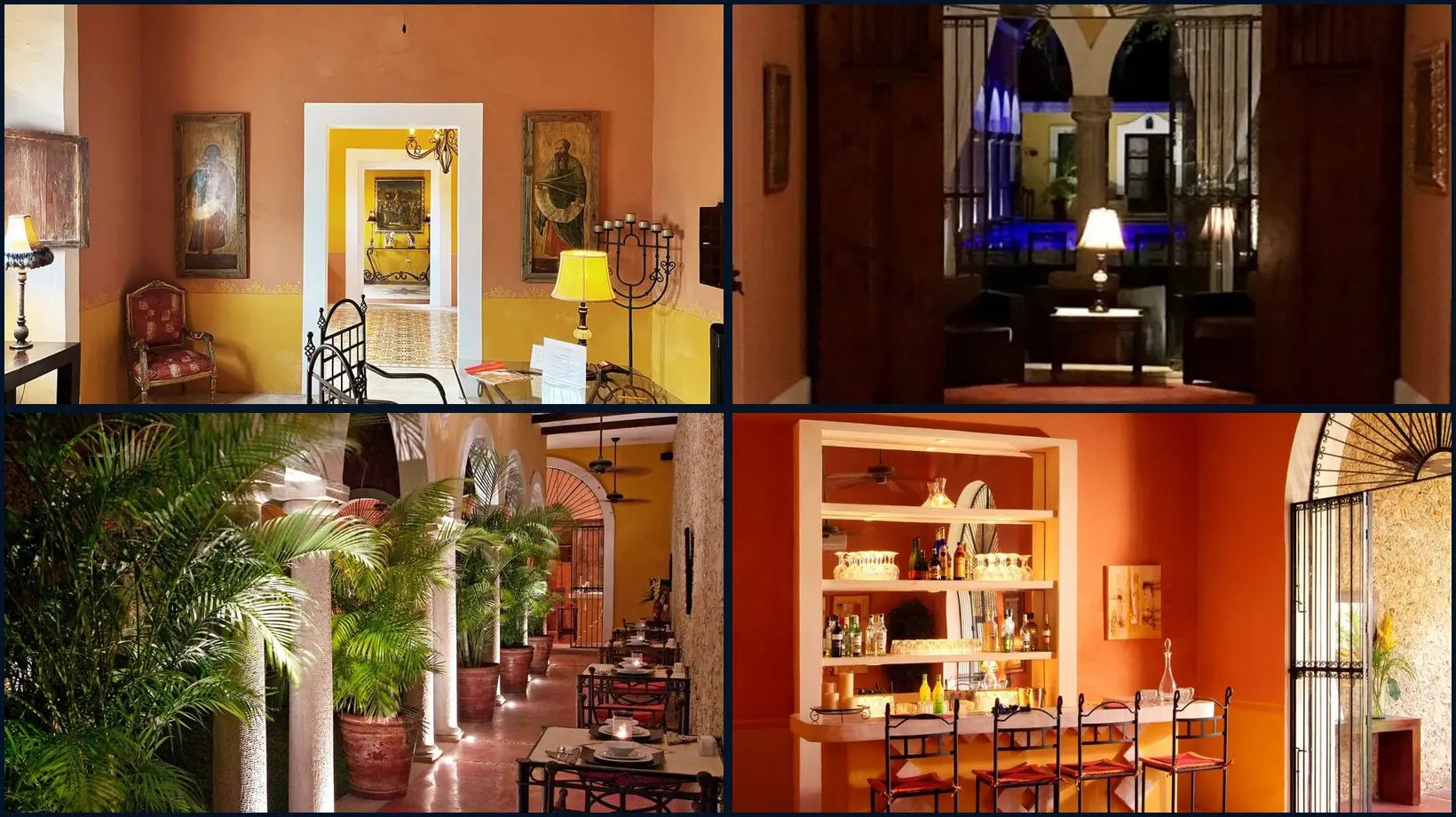 Real photographs of Hotel Hacienda Mérida showing its colorful interiors, stone corridors, palms and intimate bar