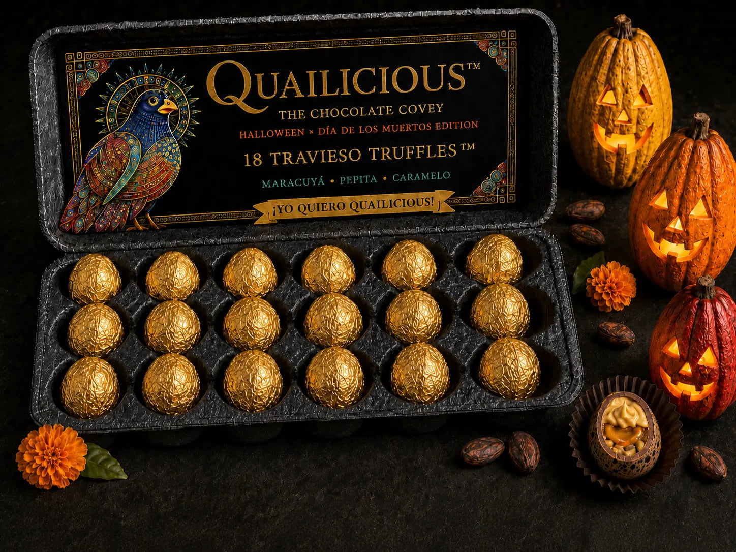 Quailicious Halloween and Día de los Muertos Edition carton containing eighteen gold foil-wrapped Travieso Truffles with glowing Mayan Cacao-o-Lanterns