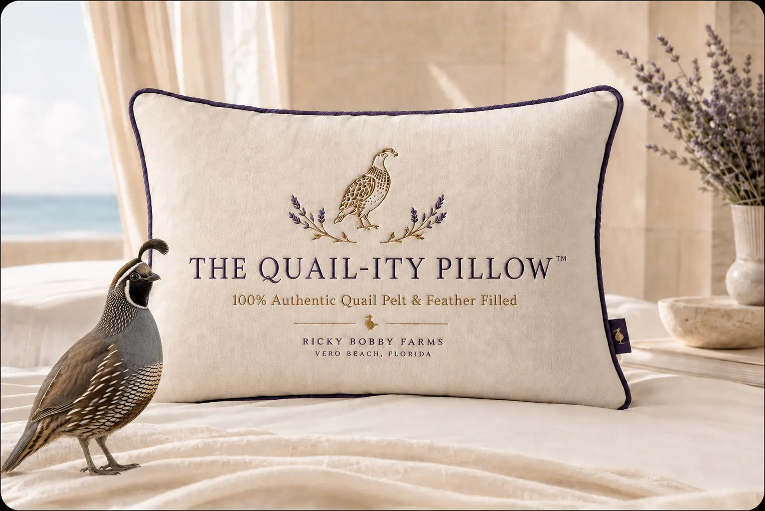 The QUAIL-ITY PILLOW with aubergine piping and a live California Valley Quail beside it