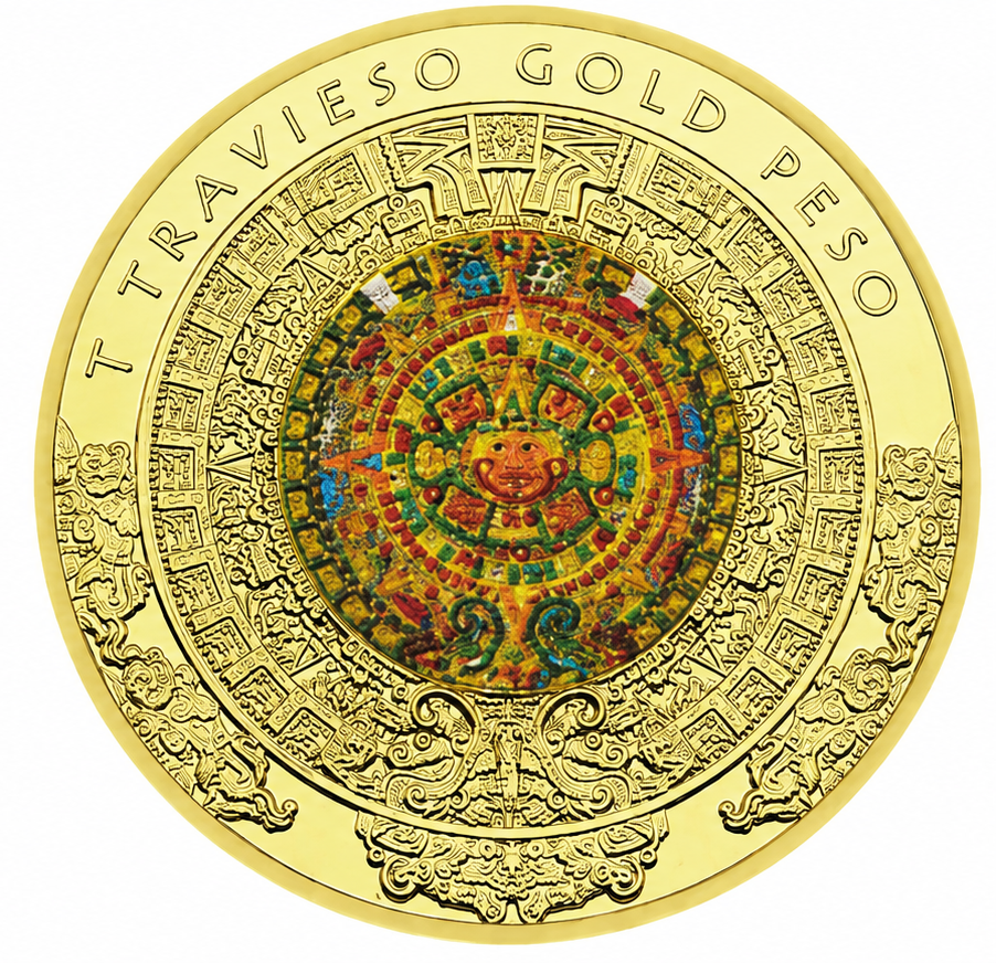 Gold Travieso Peso collector coin with a brightly colored Maya calendar center